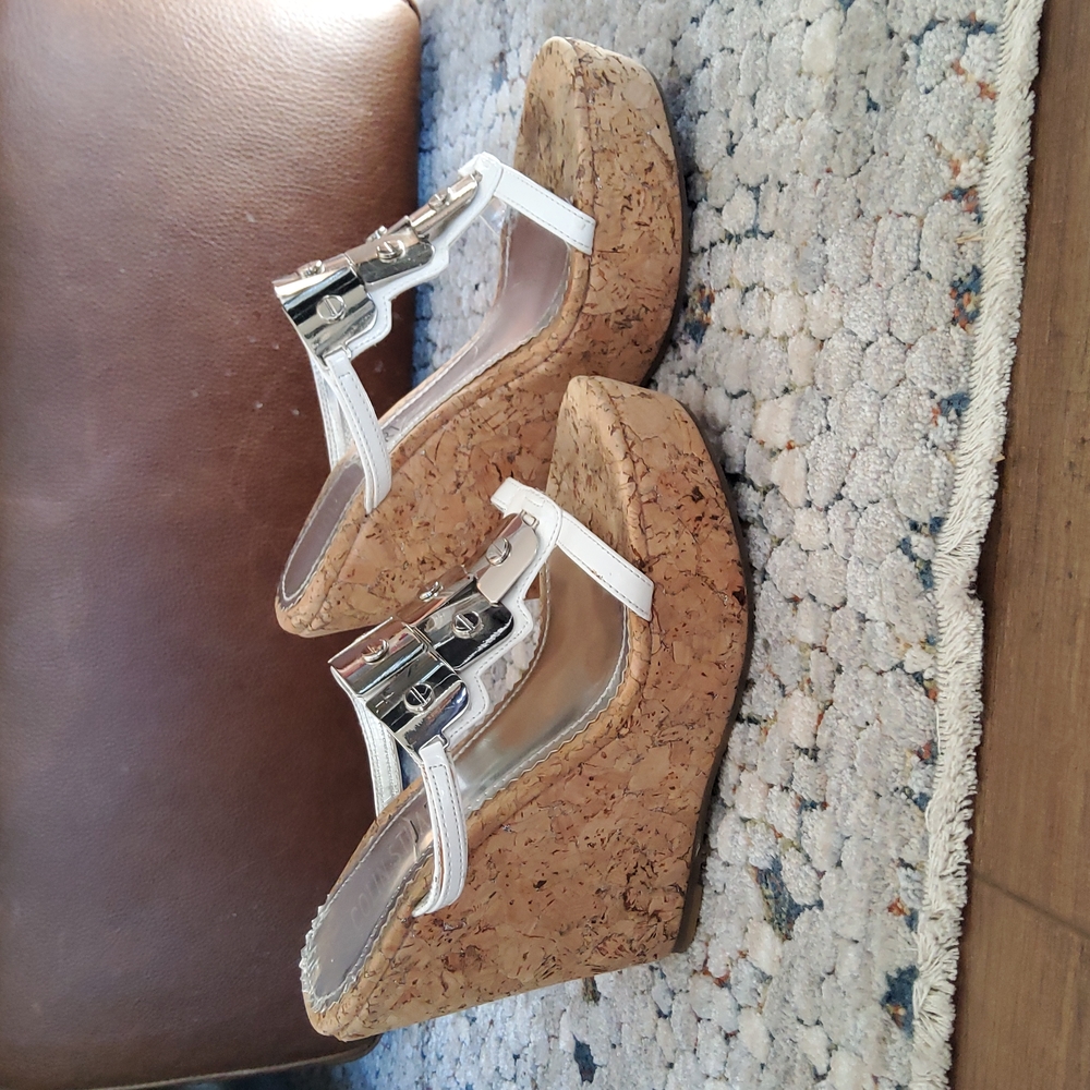 Colin Stuart Cork Platform Wedge Sandals with White Straps and Silver Accents